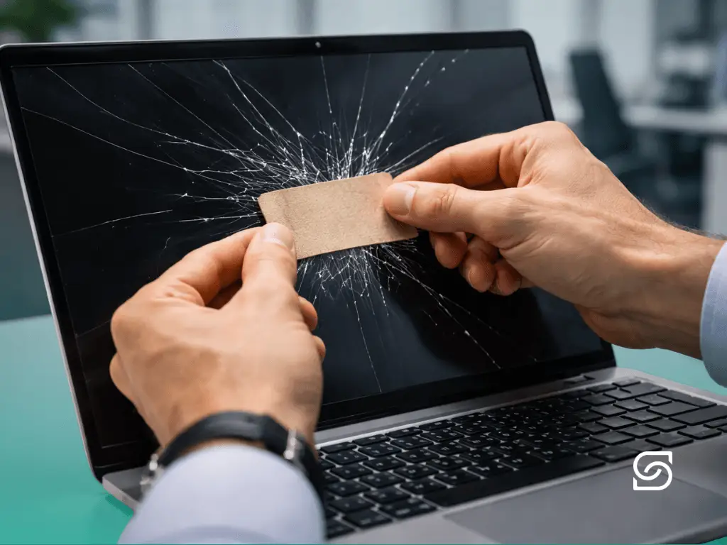 Close-up photo of two hands applying a small piece of cardboard as a plaster over a badly cracked laptop screen in an office.
