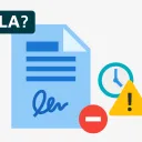 Flat illustration of a blue signed SLA document with a question mark label, next to a clock, a red minus icon and a yellow warning triangle.