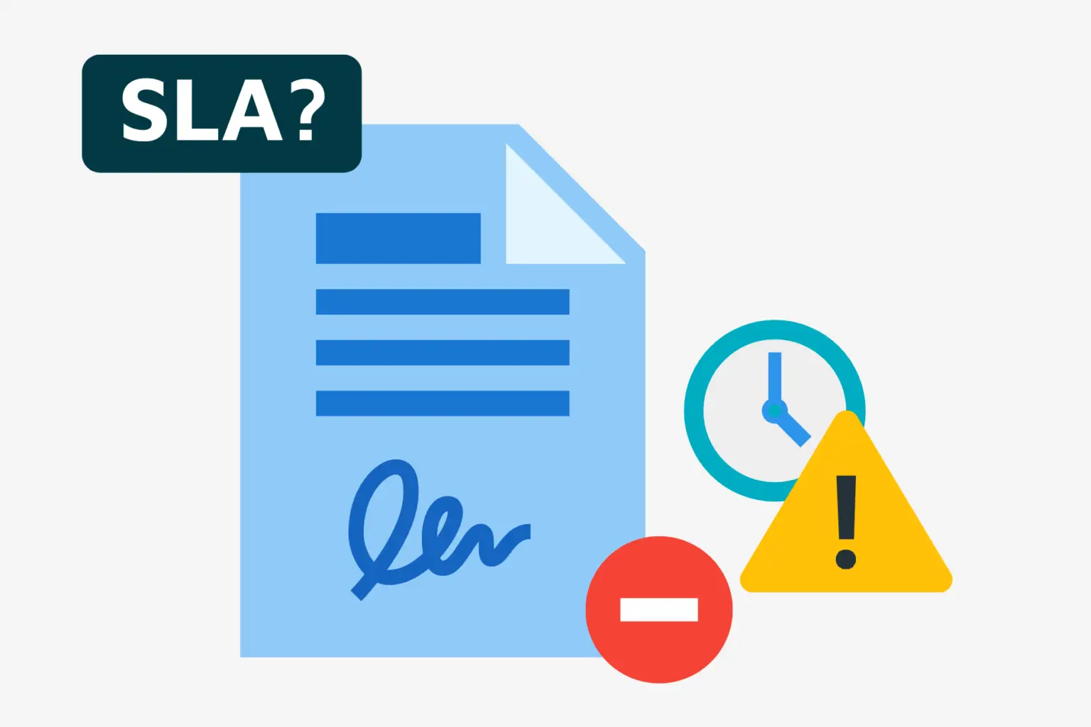 Flat illustration of a blue signed SLA document with a question mark label, next to a clock, a red minus icon and a yellow warning triangle.