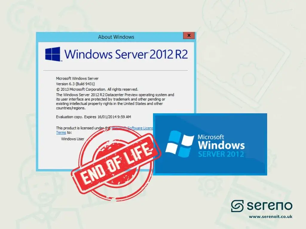 'About Windows' dialog for Windows Server 2012 R2 stamped with a red 'End of Life' seal, beside a Microsoft Windows Server 2012 logo.