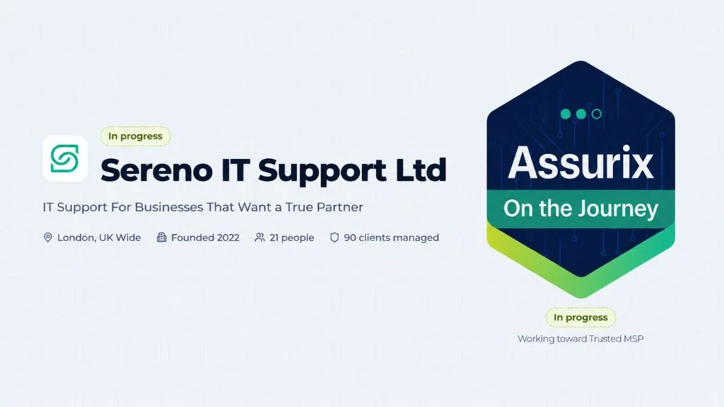 Sereno IT Support Ltd profile beside the Assurix On the Journey badge, both marked In progress.