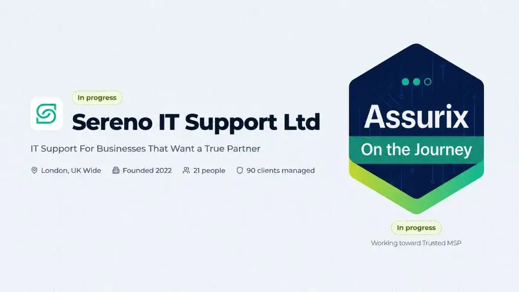 Sereno IT Support Ltd profile beside the Assurix On the Journey badge, both marked In progress.