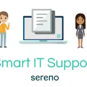Cartoon illustration of four office workers standing either side of a laptop displaying a document, above the words 'Smart IT Support'.