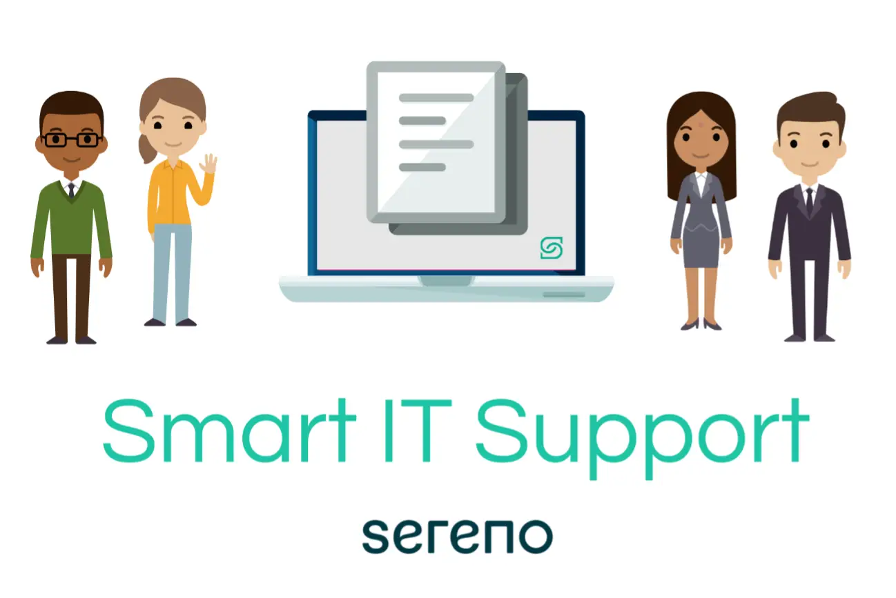 Cartoon illustration of four office workers standing either side of a laptop displaying a document, above the words 'Smart IT Support'.