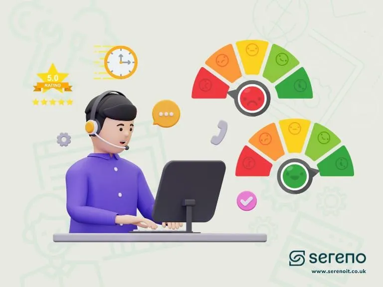 3D illustration of a headset-wearing support agent at a laptop beside two satisfaction gauges — a frown and a smile — and a 5-star badge.