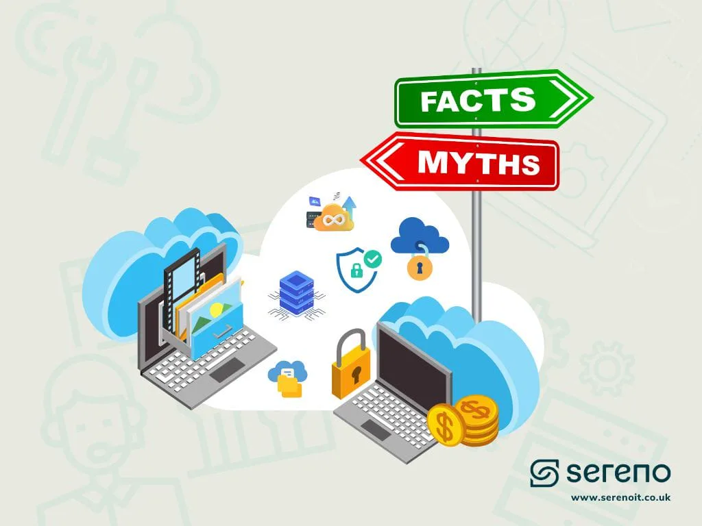 Illustration of cloud storage with laptops, security icons and a 'Facts vs Myths' signpost.