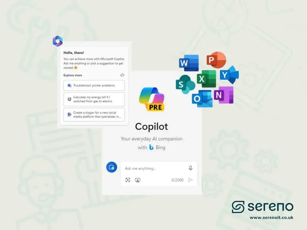 Visual collage of the Microsoft 365 Copilot interface showing AI features for summarising, data insights and presentation creation.