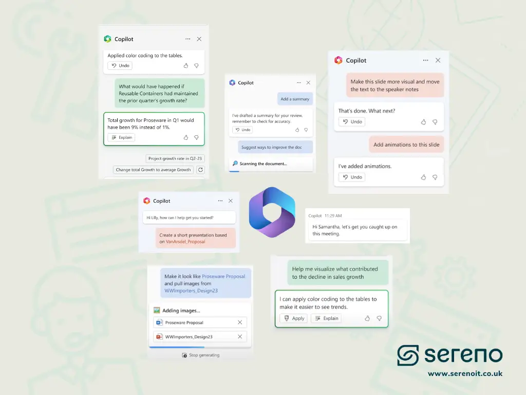 Visual collage of the Microsoft 365 Copilot interface showing summarising, data-insight and presentation-creation features.