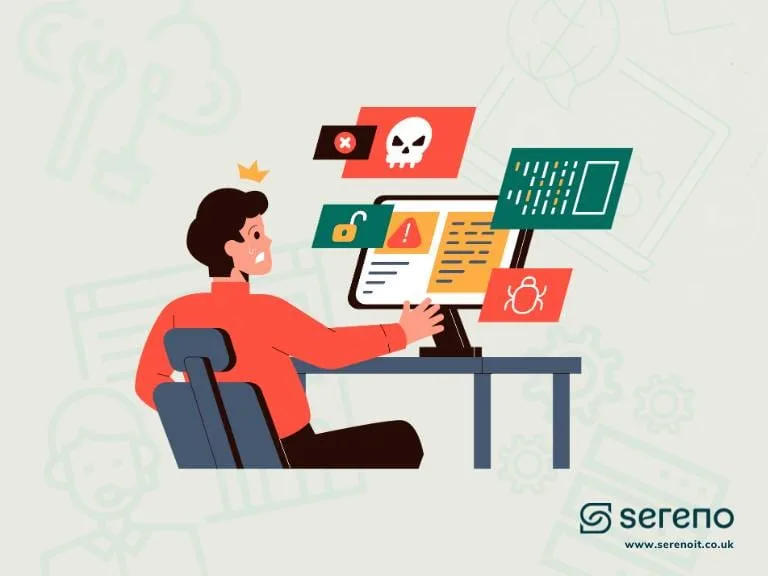 Illustration of a worried man at a computer monitor ringed by red cyber-threat icons — a skull, an open padlock, a warning triangle and a bug.