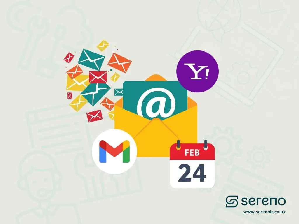 Illustration of a yellow envelope with an @ symbol surrounded by Gmail and Yahoo logos, colourful floating envelopes and a red calendar showing Feb 24.