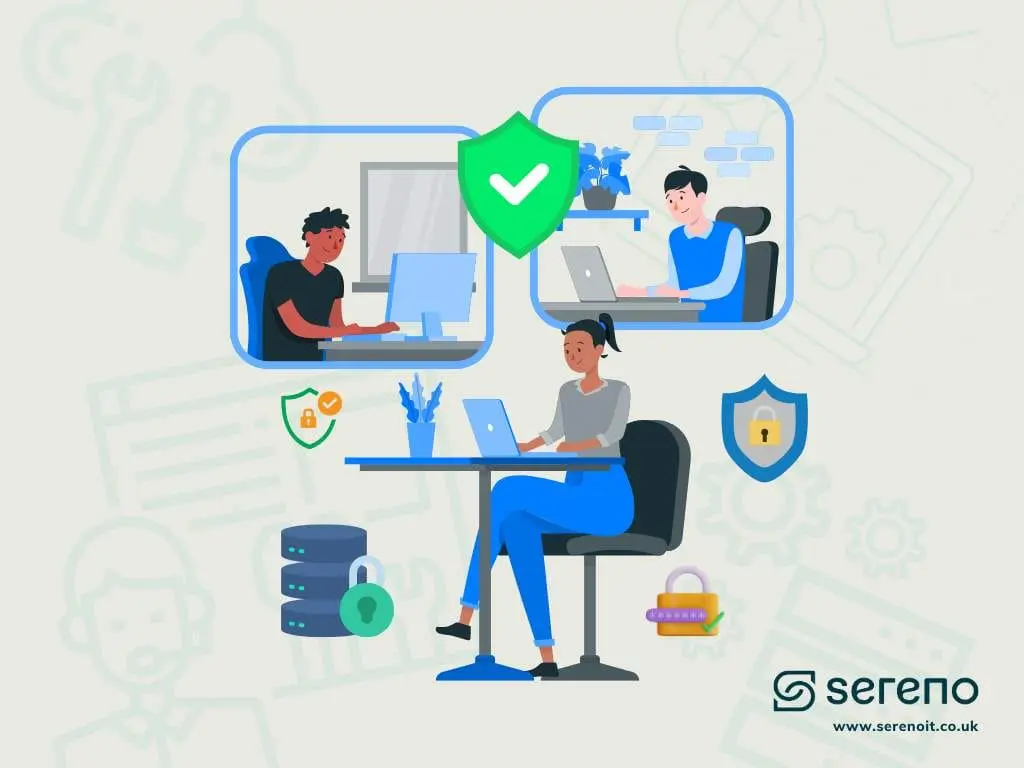Illustration of three remote workers on laptops in separate frames connected by a central green shield, surrounded by padlock and database icons.