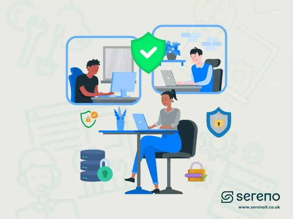 Illustration of three remote workers on laptops in separate frames connected by a central green shield, surrounded by padlock and database icons.