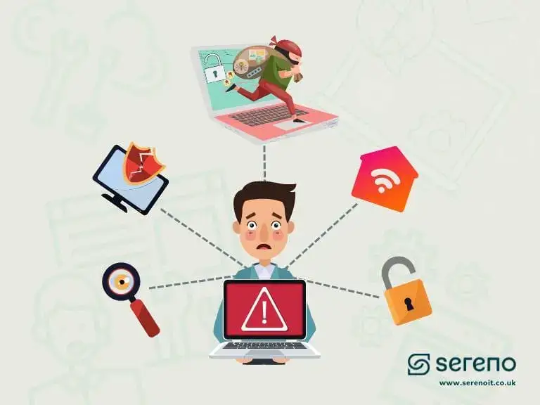 Cartoon illustration of a worried remote worker at a laptop showing a warning icon, surrounded by a burglar on another laptop, padlocks and threat symbols.
