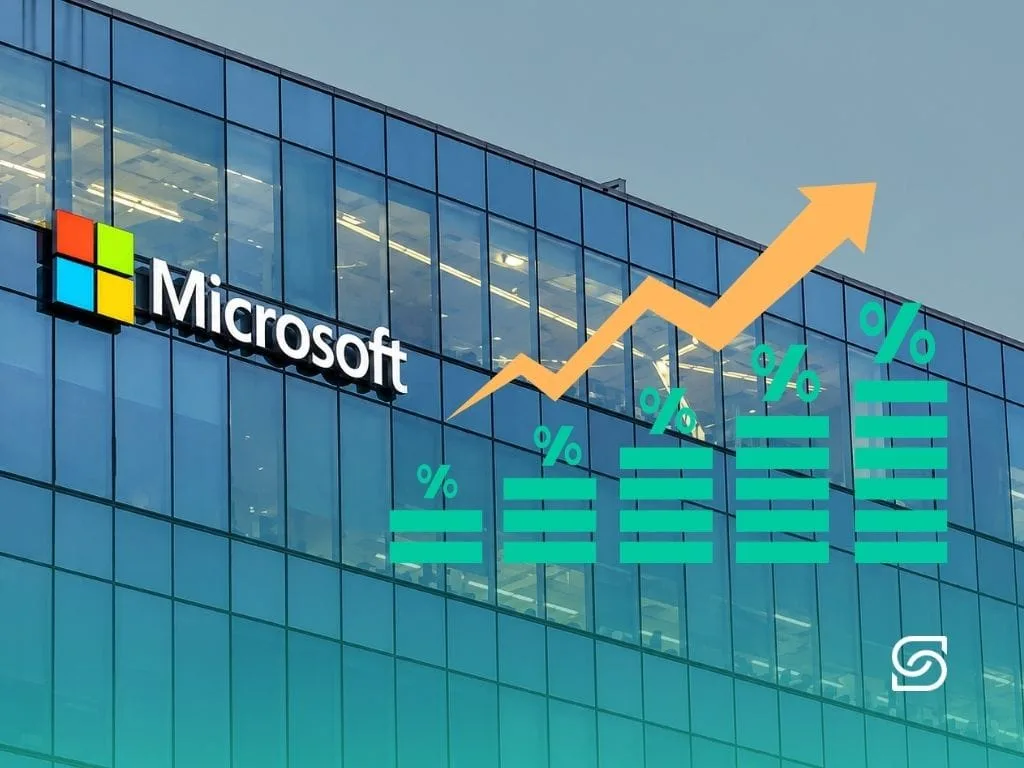 Photo of a Microsoft office building facade with an upward orange arrow and green percentage bars overlaid, indicating rising prices.