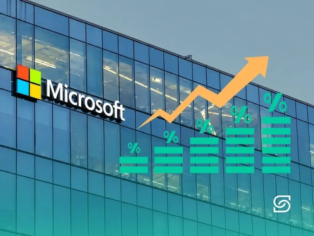 Photo of a Microsoft office building facade with an upward orange arrow and green percentage bars overlaid, indicating rising prices.