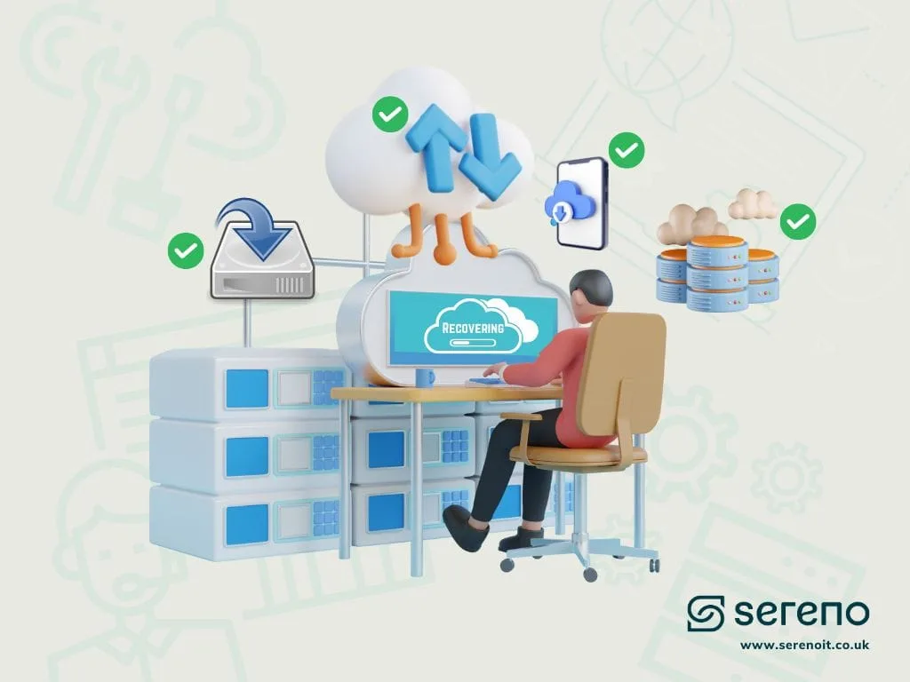 3D illustration of a person managing cloud backups and secure data recovery on a computer, with cloud storage icons and green checkmarks.