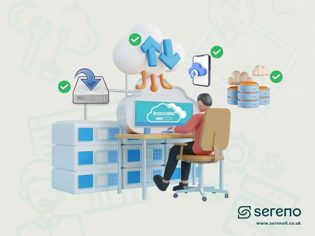 3D illustration of a person managing cloud backups and secure data recovery on a computer, with cloud storage icons and green checkmarks.