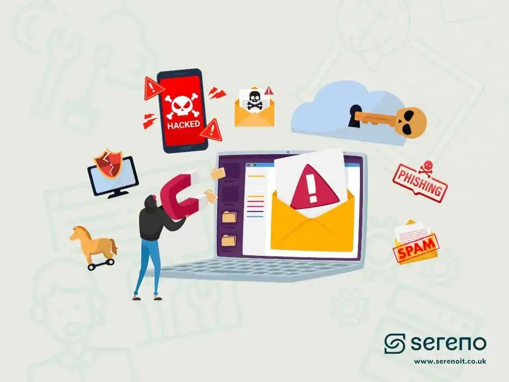 Illustration of a hooded figure using a magnet to pull data from a laptop showing an email warning, with phishing and malware icons.