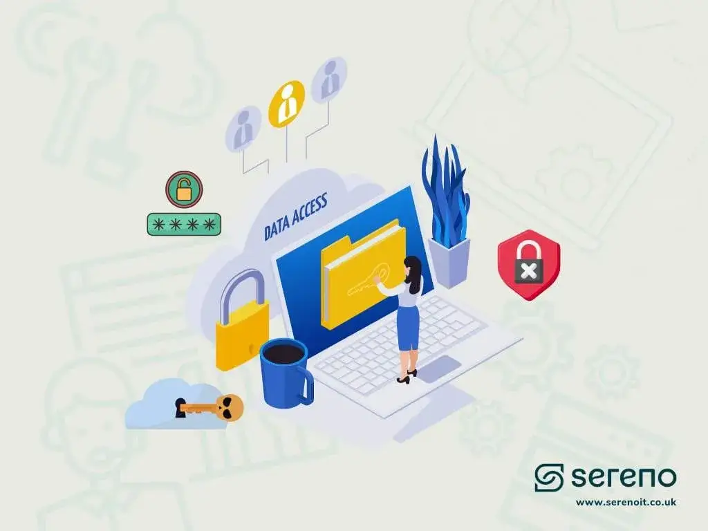 Isometric illustration of a woman on a laptop opening a cloud folder marked 'Data Access', with padlocks, a key and a red 'access denied' shield.