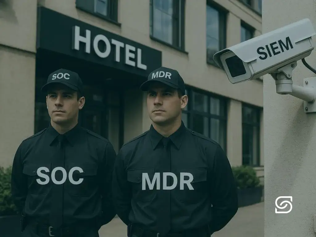 Two security guards labelled SOC and MDR outside a hotel beside a CCTV camera labelled SIEM.