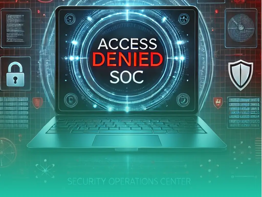 Futuristic laptop screen displaying 'Access Denied SOC' with security shields, locks and data grids.
