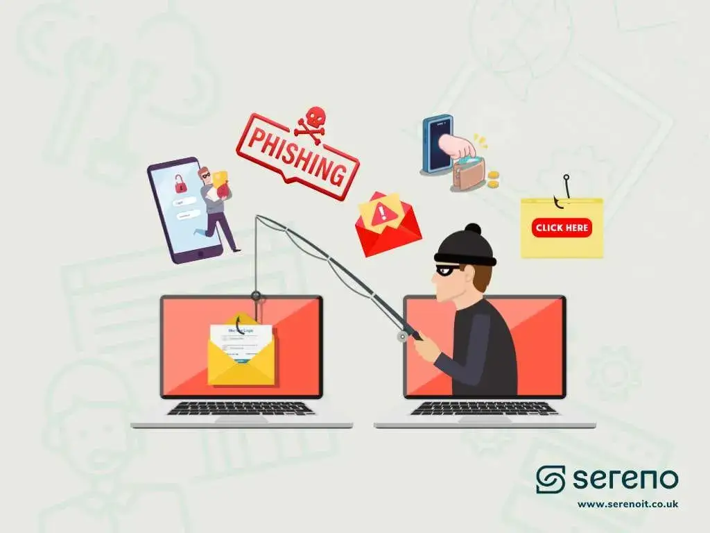 Illustration of a hooded scammer on one laptop using a fishing rod to hook an email from another laptop, surrounded by phishing, click-here and spam icons.