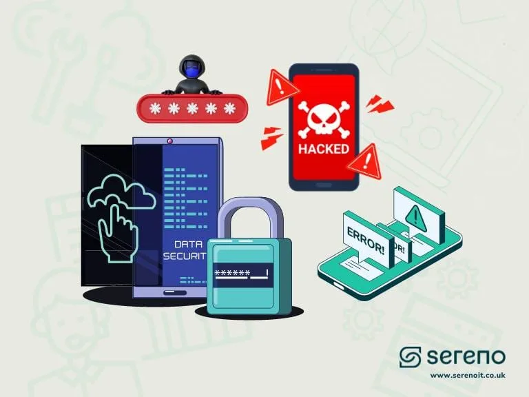 Illustration of a smartphone showing 'Data Security' with a padlock, next to a hacked phone with a skull, an error laptop and a hooded figure.