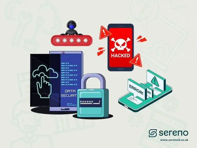 Illustration of a smartphone showing 'Data Security' with a padlock, next to a hacked phone with a skull, an error laptop and a hooded figure.