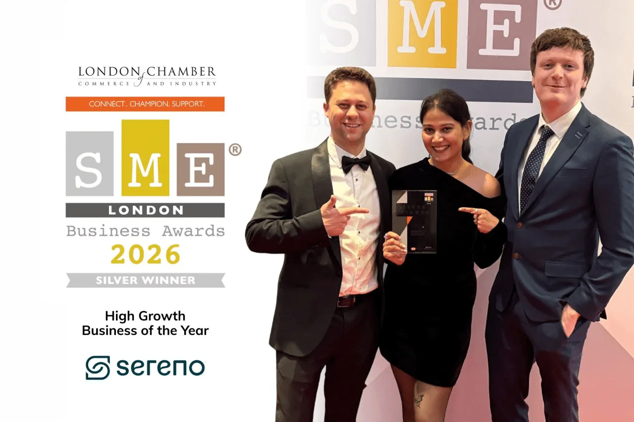 Three Sereno team members in evening attire posing with a Silver Winner trophy at the SME London Business Awards 2026 backdrop.