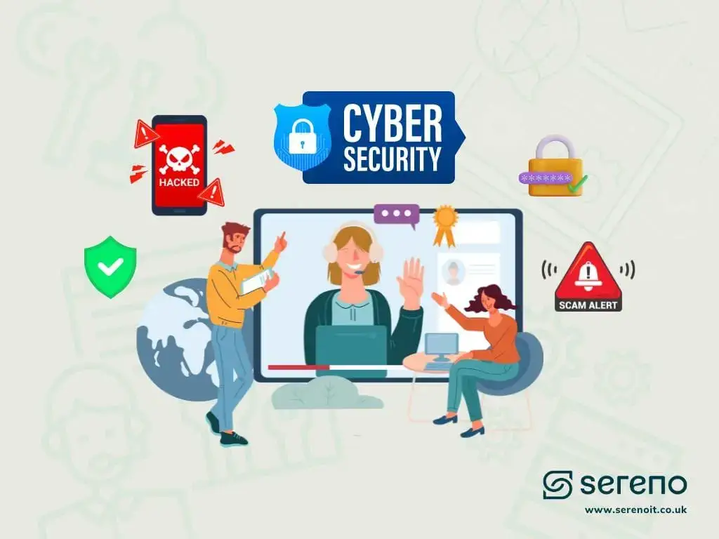 Illustration of a cyber security training session on a big screen with an instructor, surrounded by shields, padlocks and phishing alerts.