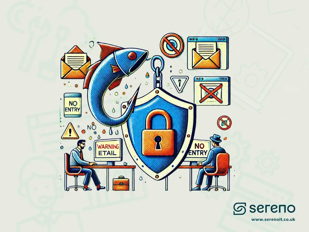 Illustration of a phishing attack with a hooked fish, warning signs and a locked shield icon.