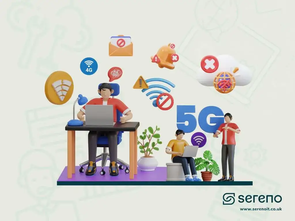 3D illustration of a stressed worker at a laptop on a purple platform surrounded by wi-fi warning icons, a 5G sign and a colleague on a laptop.