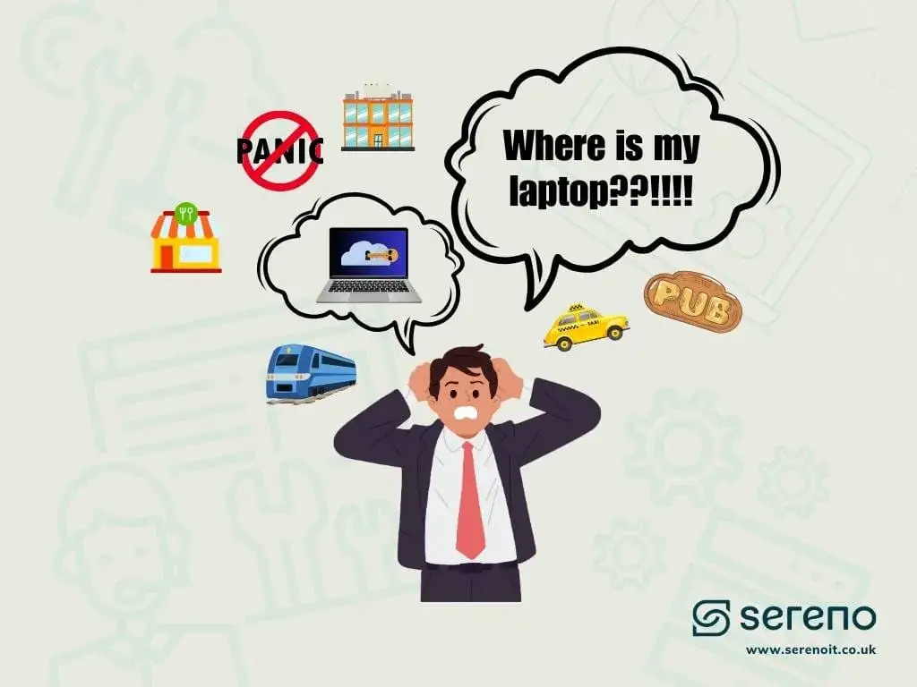 Cartoon of a panicked businessman clutching his head with thought bubbles of a train, taxi, pub, restaurant and laptop, asking 'Where is my laptop?'