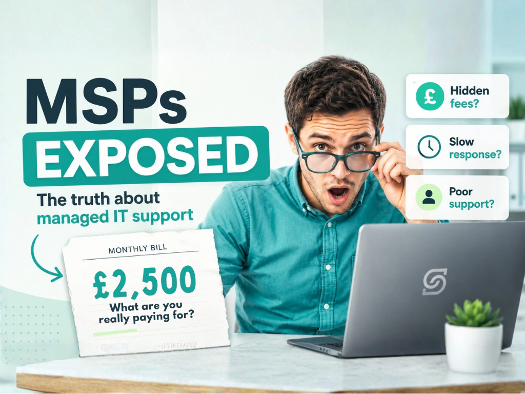 MSPs Exposed graphic showing a surprised man at a laptop, with prompts about hidden fees, slow response and poor support, plus a monthly bill of £2,500.