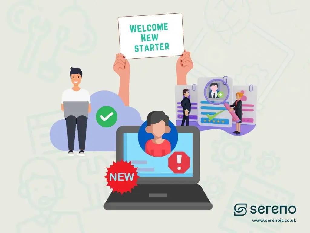 Illustration of new-employee onboarding with a welcome sign, user profiles and device setup alerts.