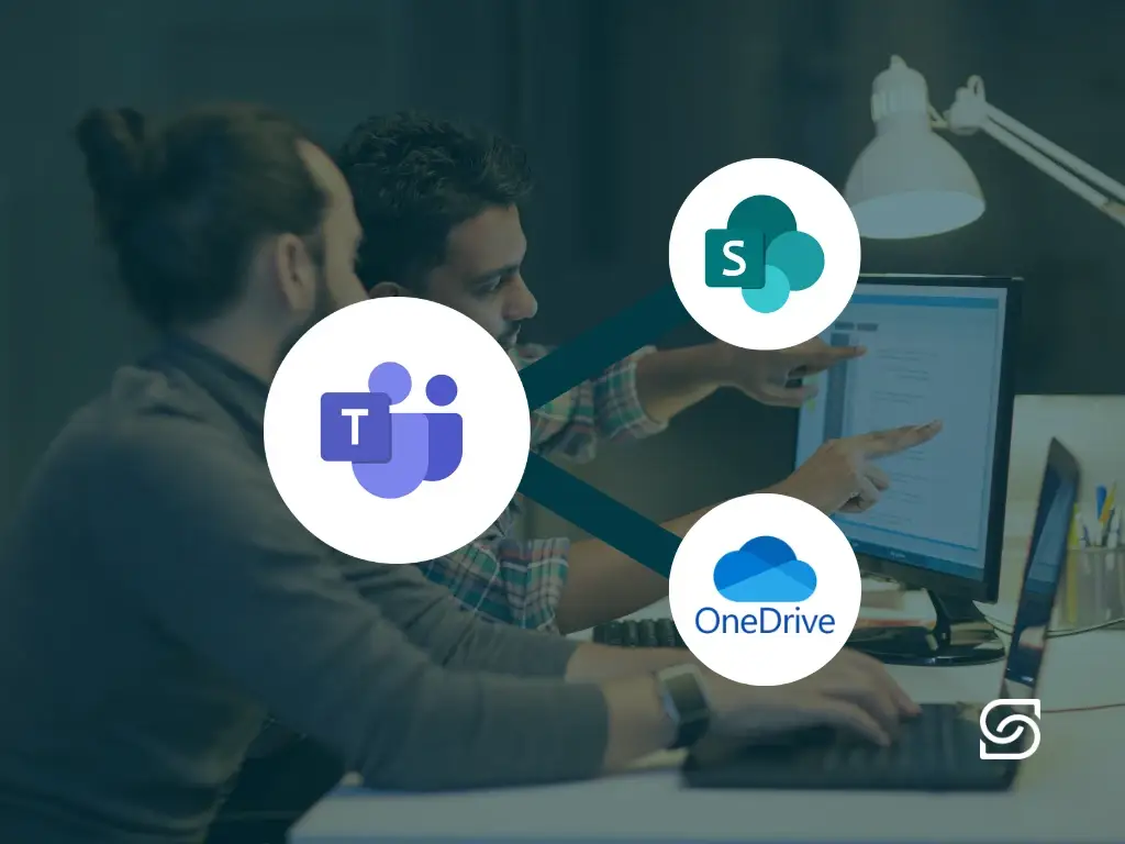 Two developers working at a computer under a dark blue overlay, with Microsoft Teams, SharePoint and OneDrive logos connected by lines above them.