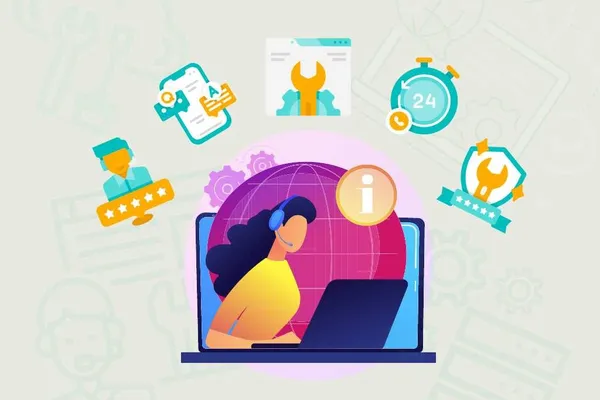 Illustration of a support agent at a laptop surrounded by IT service icons like 24/7 support, tools and user credentials.