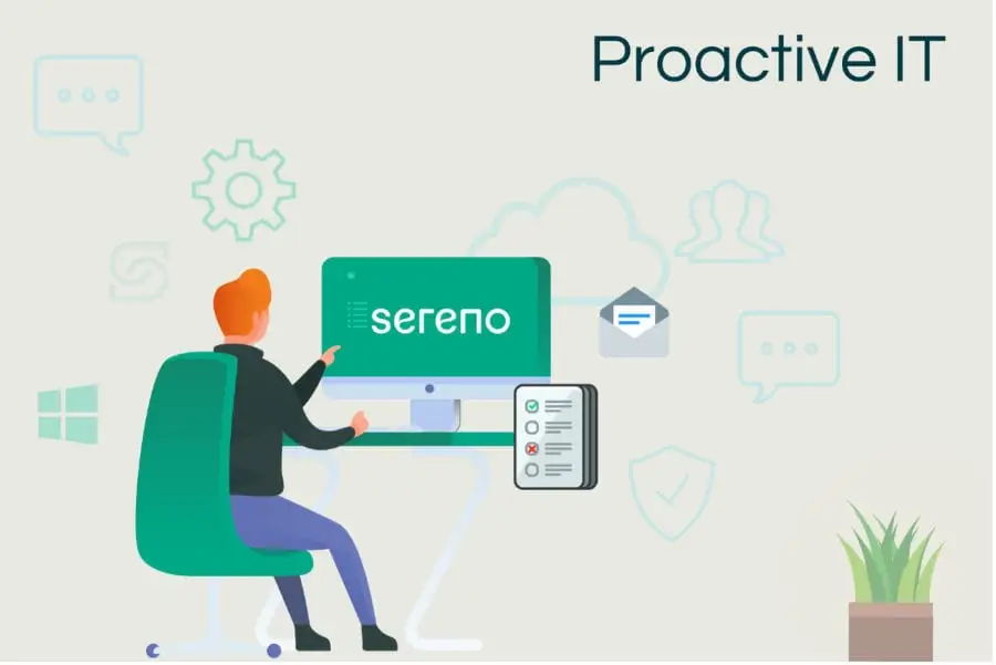 Illustration of a person at a computer screen with IT service icons in the background.