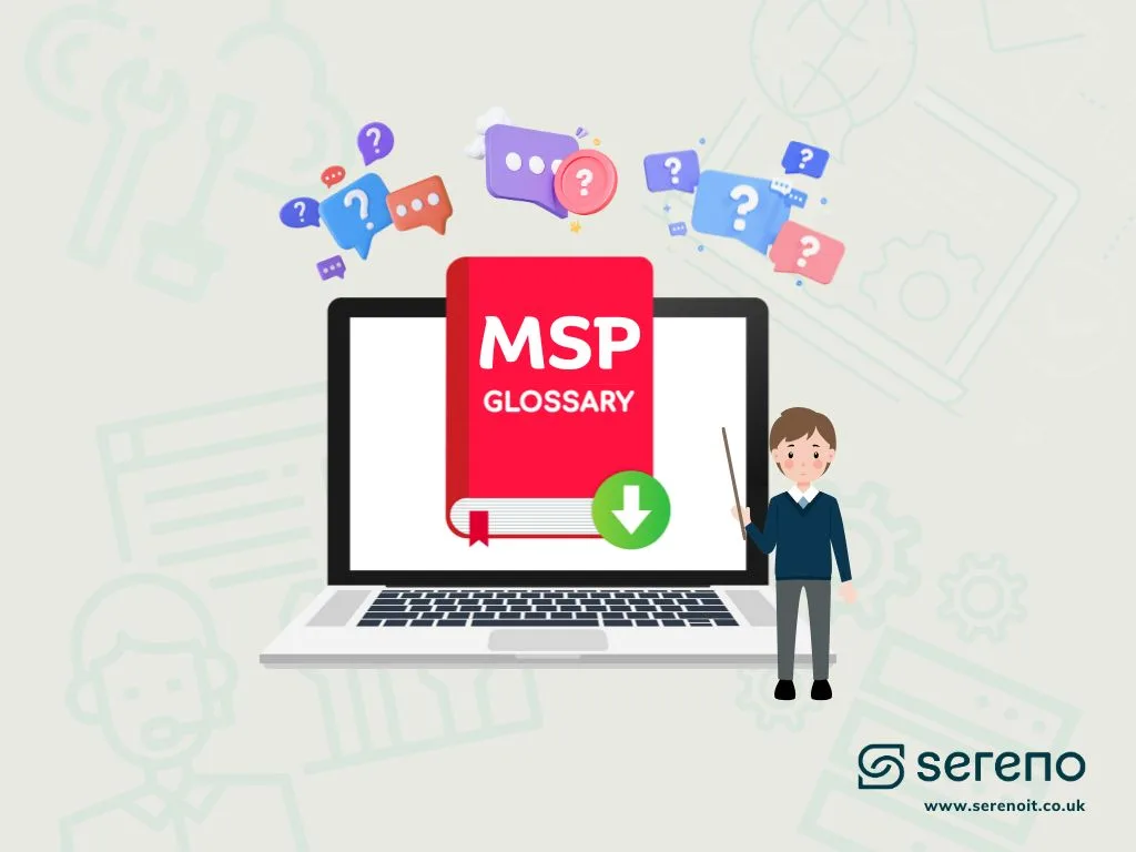 Illustration of a laptop displaying an MSP Glossary book with a download icon, surrounded by question marks and a character pointing – featured on Sereno’s page explaining Managed Service Provider (MSP) terminology.