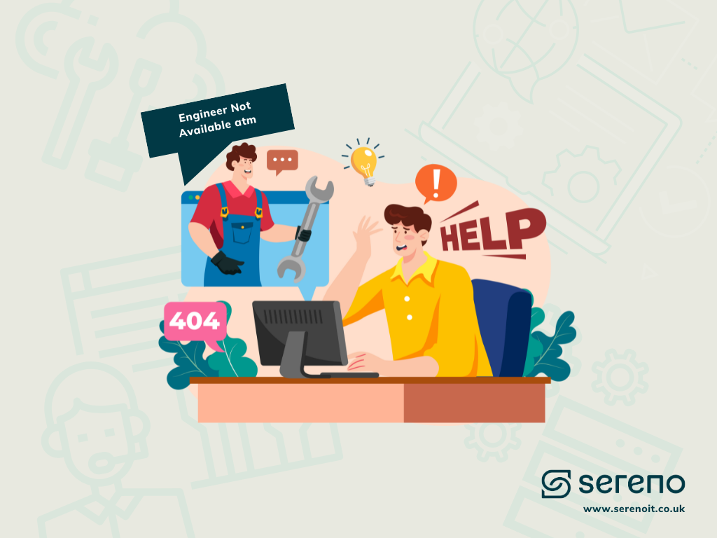 Frustrated office worker at a computer seeing a 404 error and "Engineer Not Available" message, symbolising poor IT support – featured on Sereno’s blog about signs your IT support may be failing.