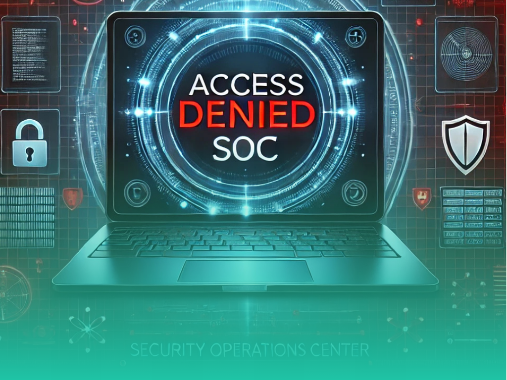 Futuristic laptop screen displaying "Access Denied SOC" with digital security elements like shields, locks, and data grids – representing device-level MDR and SOC protection on Sereno’s cybersecurity solutions page.