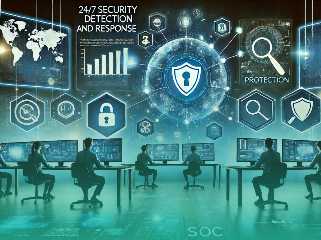 Futuristic Security Operations Center (SOC) with analysts monitoring cyber threats on multiple screens, showcasing 24/7 security detection and response – featured on Sereno’s guide to MDR and SOC protection in 2025.