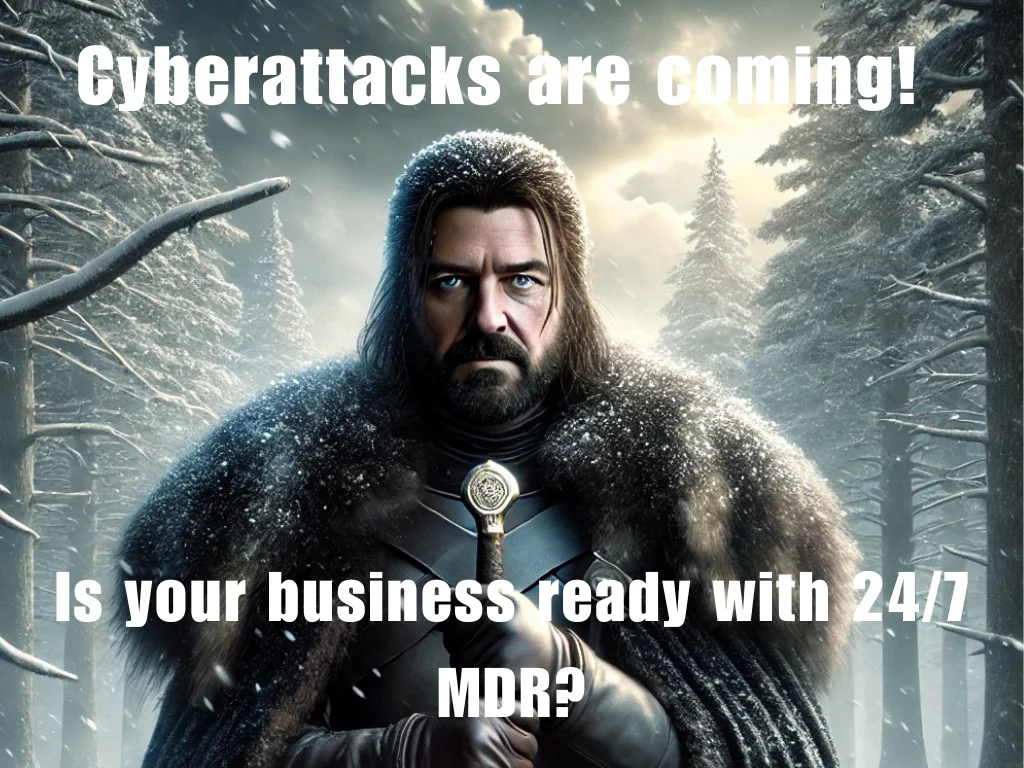Game of Thrones–inspired image of a vigilant warrior in a snowy forest holding a sword, with bold text “Cyberattacks are coming! Is your business ready with 24/7 MDR?” – featured on Sereno’s blog about MDR and Security Operations Center (SOC) protection in 2025.