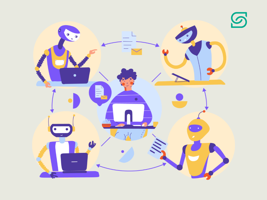 Illustration of AI-powered automation streamlining workflows. A central user is surrounded by robotic assistants handling various tasks like communication, data processing, and document management. The design represents efficiency, productivity, and seamless IT automation.