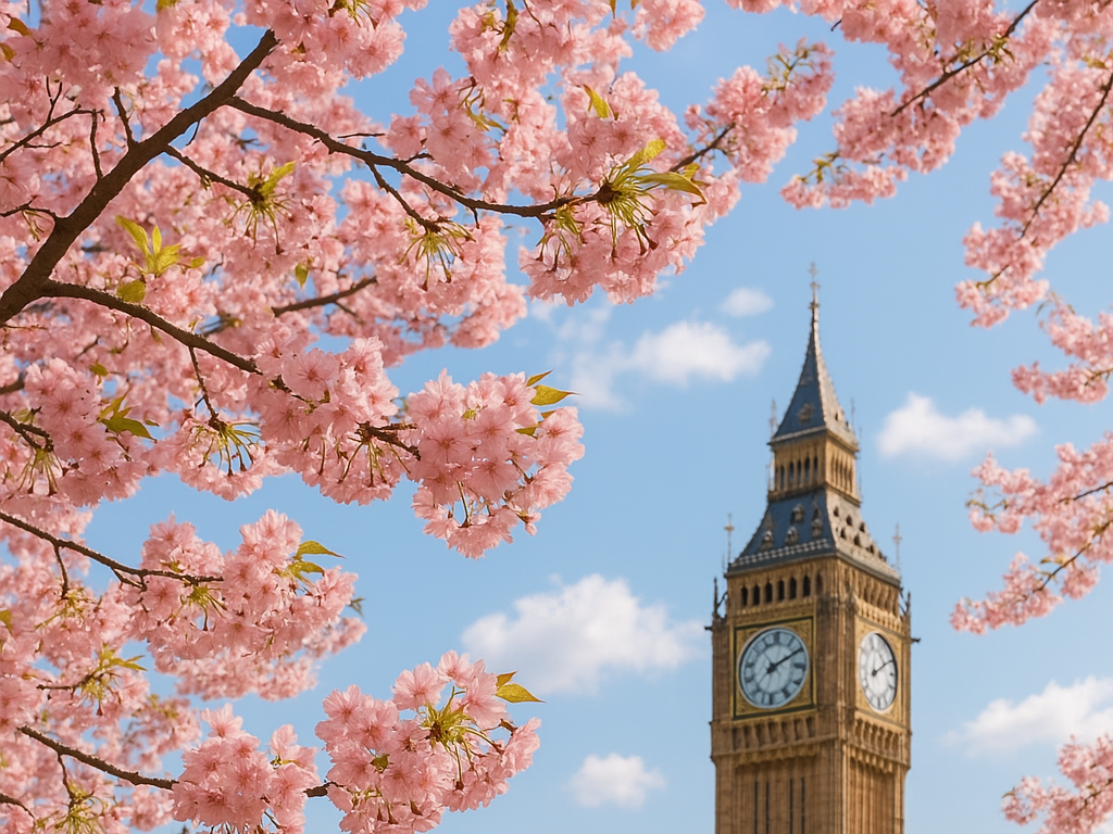 Cherry blossoms in full bloom frame a scenic view of Big Ben.